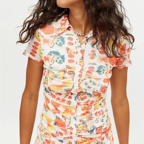 Urban Outfitters Riko Y2K Mesh Dress Orange Butterfly Ruched Mini Size Large - Picture 6 of 13